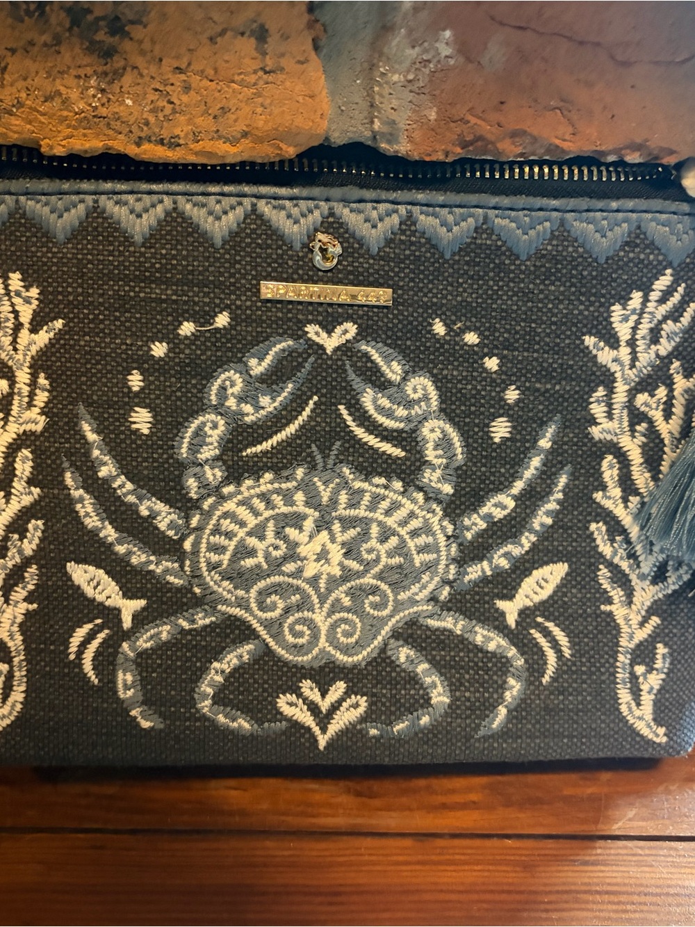Spartina 449 Navy Canvas Clutch with White Embroidered Crab